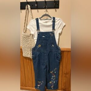 Embroidered Cropped Denim Overalls - Blue